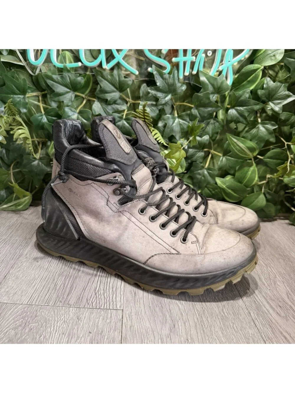 Ecco Exostrike Hydromax Hiking Ankle Boots Mens 12 Gray Leather Yak Lace Up